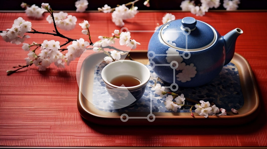 Σετ των 2 Intra Συλλεκτικό Ξύλινο Παζλ Plywood  4mm - Μπλε Τσαγιέρα και Κύπελλο με Δίσκο για Άνθη Κερασιάς Σε Ξύλινο Κουτί - Διαστάσεις: 10x10 cm – 25 κομμάτια