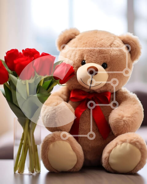 Intra Συλλεκτικό Ξύλινο Παζλ Plywood  4mm - Αρκουδάκι με κόκκινα τριαντάφυλλα Σε Ξύλινο Κουτί - Διαστάσεις Puzzle: 10x10 cm – 25 κομμάτια