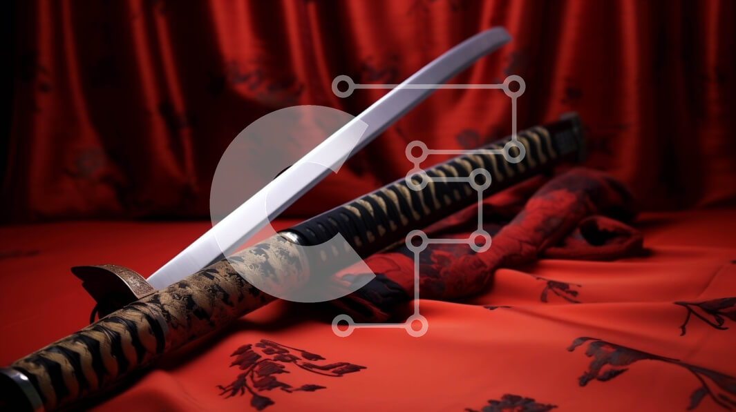 Intra Συλλεκτικό Ξύλινο Παζλ Plywood  4mm - Αυθεντικό ξίφος Σαμουράι που στηρίζεται σε κόκκινο ύφασμα Σε Ξύλινο Κουτί - Διαστάσεις: 10x10 cm – 25 κομμάτια