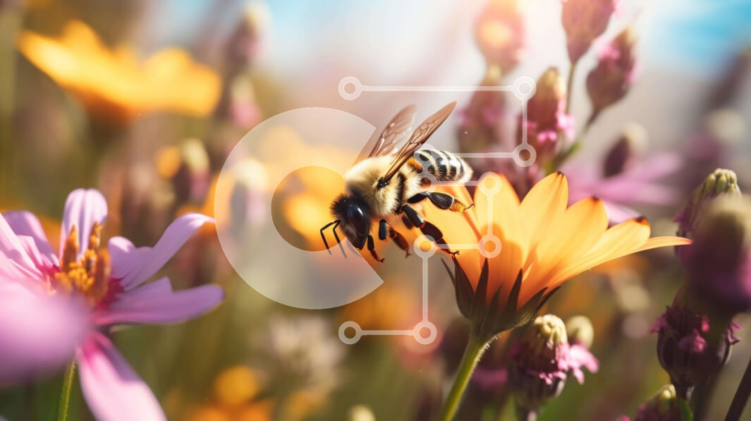 Intra Συλλεκτικό Ξύλινο Παζλ Plywood  4mm - Μέλισσες που τρέφονται με λουλούδια στο προσκήνιο Σε Ξύλινο Κουτί - Διαστάσεις: 10x10 cm – 25 κομμάτια