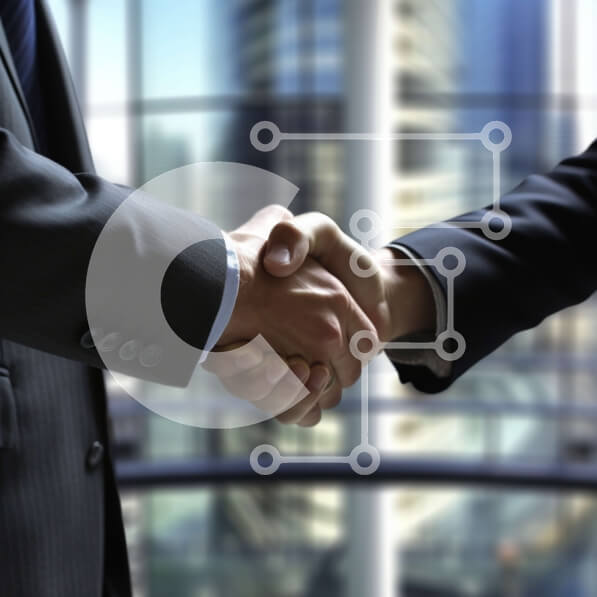 Intra Συλλεκτικό Ξύλινο Παζλ Plywood  4mm - Επιχειρηματίες χειραψία μπροστά από φόντο αστικό τοπίο Σε Ξύλινο Κουτί - Διαστάσεις Puzzle: 10x10 cm – 25 κομμάτια