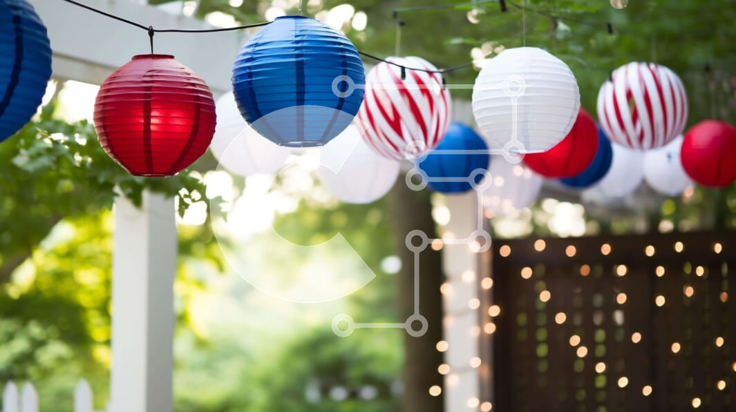 Intra Συλλεκτικό Ξύλινο Παζλ Plywood  4mm - Κόκκινα, λευκά και μπλε χάρτινα φανάρια στην εξωτερική βεράντα Σε Ξύλινο Κουτί - Διαστάσεις: 10x10 cm – 25 κομμάτια