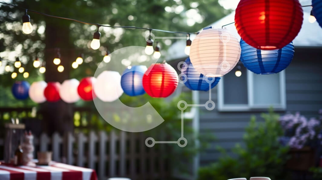 Intra Συλλεκτικό Ξύλινο Παζλ Plywood  4mm - Γιορτή στην πίσω αυλή με κόκκινα, λευκά και μπλε φανάρια Σε Ξύλινο Κουτί - Διαστάσεις: 10x10 cm – 25 κομμάτια