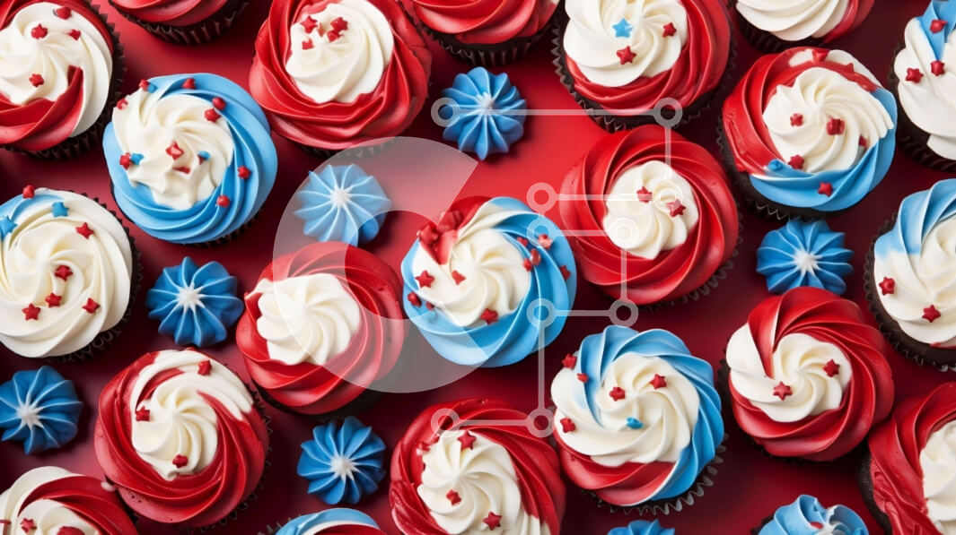 Σετ των 2 Intra Συλλεκτικό Ξύλινο Παζλ Plywood  4mm - Κόκκινα, λευκά και μπλε cupcakes σε κόκκινο φόντο Σε Ξύλινο Κουτί - Διαστάσεις: 10x10 cm – 25 κομμάτια