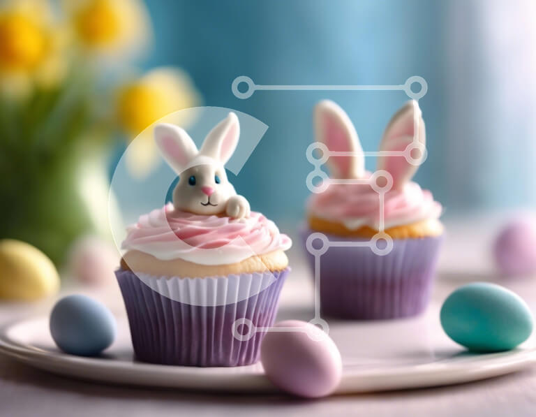 Σετ των 2 Intra Συλλεκτικό Ξύλινο Παζλ Plywood  4mm - Πασχαλινά cupcakes με αυτιά λαγουδάκι και πολύχρωμα αυγά Σε Ξύλινο Κουτί - Διαστάσεις: 10x10 cm – 25 κομμάτια