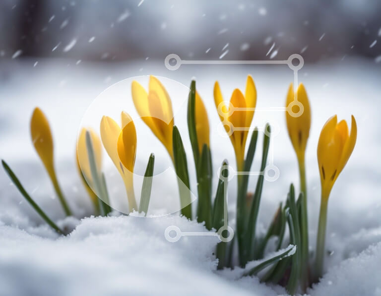 Intra Συλλεκτικό Ξύλινο Παζλ Plywood  4mm - Κίτρινα λουλούδια κρόκου στο χιόνι Σε Ξύλινο Κουτί - Διαστάσεις: 10x10 cm – 25 κομμάτια