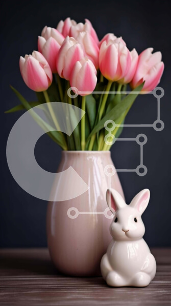 Intra Συλλεκτικό Ξύλινο Παζλ Plywood  4mm - Πασχαλινό λαγουδάκι και τουλίπες σε ροζ βάζο Σε Ξύλινο Κουτί - Διαστάσεις Puzzle: 10x10 cm – 25 κομμάτια