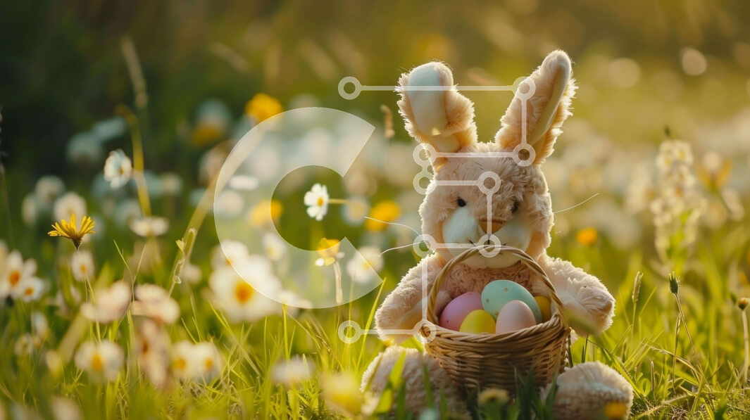 Intra Συλλεκτικό Ξύλινο Παζλ Plywood  4mm - Πασχαλινό λαγουδάκι με πολύχρωμα αυγά σε χωράφι με λουλούδια Σε Ξύλινο Κουτί - Διαστάσεις: 10x10 cm – 25 κομμάτια