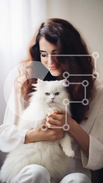 Intra Συλλεκτικό Ξύλινο Παζλ Plywood  4mm - Χαρούμενη στιγμή: Γυναίκα που κρατά τη λευκή γάτα της Σε Ξύλινο Κουτί - Διαστάσεις Puzzle: 10x10 cm – 25 κομμάτια