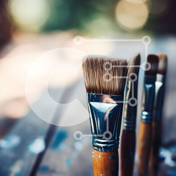 Intra Συλλεκτικό Ξύλινο Παζλ Plywood  4mm - Ομάδα πινέλων χρωμάτων σε παλιό ξύλινο τραπέζι Σε Ξύλινο Κουτί - Διαστάσεις Puzzle: 10x10 cm – 25 κομμάτια