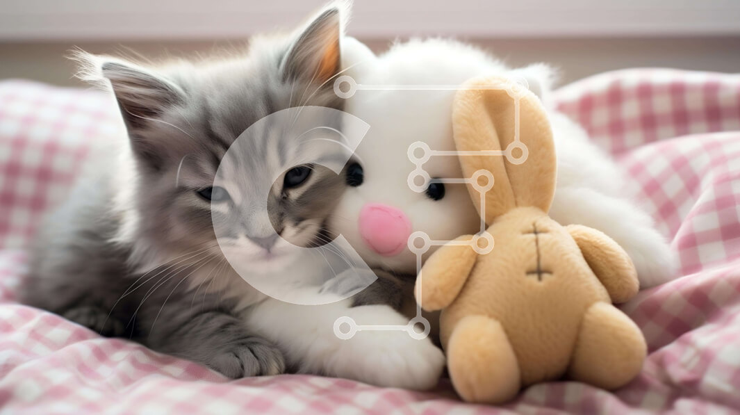 Intra Συλλεκτικό Ξύλινο Παζλ Plywood  4mm - Γκρι και άσπρο γατάκι που αγκαλιάζει με γεμιστά ζώα Σε Ξύλινο Κουτί - Διαστάσεις: 10x10 cm – 25 κομμάτια