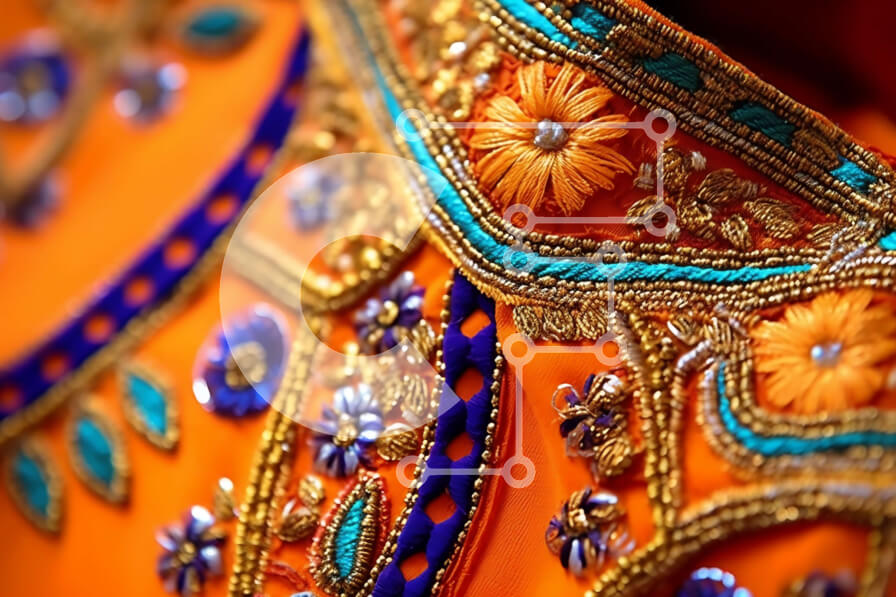 Intra Συλλεκτικό Ξύλινο Παζλ Plywood  4mm - Εκπληκτικό πορτοκαλί φόρεμα με περίπλοκο μπλε και χρυσό κέντημα Σε Ξύλινο Κουτί - Διαστάσεις Puzzle: 10x10 cm – 25 κομμάτια