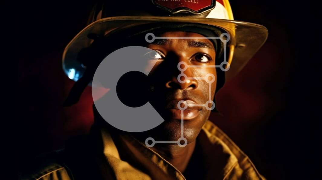 Intra Συλλεκτικό Ξύλινο Παζλ Plywood  4mm - Επαγγελματίας μαύρος πυροσβέστης με πλήρη στολή κοιτάζοντας απευθείας την κάμερα Σε Ξύλινο Κουτί - Διαστάσεις Puzzle: 10x10 cm – 25 κομμάτια