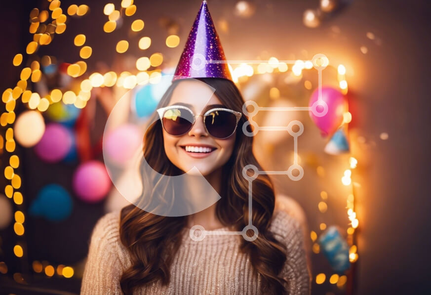 Intra Συλλεκτικό Ξύλινο Παζλ Plywood  4mm - Γυναίκα που γιορτάζει με καπέλο πάρτι και γυαλιά ηλίου Σε Ξύλινο Κουτί - Διαστάσεις Puzzle: 10x10 cm – 25 κομμάτια