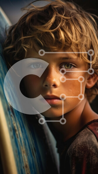 Intra Συλλεκτικό Ξύλινο Παζλ Plywood  4mm - Σοβαρό νεαρό αγόρι που ποζάρει μπροστά από μια μπλε σανίδα του σερφ Σε Ξύλινο Κουτί - Διαστάσεις Puzzle: 10x10 cm – 25 κομμάτια