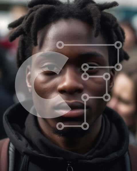 Intra Συλλεκτικό Ξύλινο Παζλ Plywood  4mm - Νεαρός μαύρος με dreadlocks σε μαύρο κουκούλα που στέκεται μπροστά στο πλήθος Σε Ξύλινο Κουτί - Διαστάσεις Puzzle: 10x10 cm – 25 κομμάτια