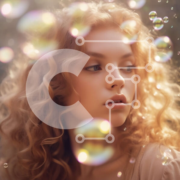 Σετ των 2 Intra Συλλεκτικό Ξύλινο Παζλ Plywood  4mm - Ονειρική εικόνα μιας νεαρής γυναίκας με κόκκινα σγουρά μαλλιά και μπλε μάτια που περιβάλλεται από φυσαλίδες Σε Ξύλινο Κουτί - Διαστάσεις: 10x10 cm – 25 κομμάτια