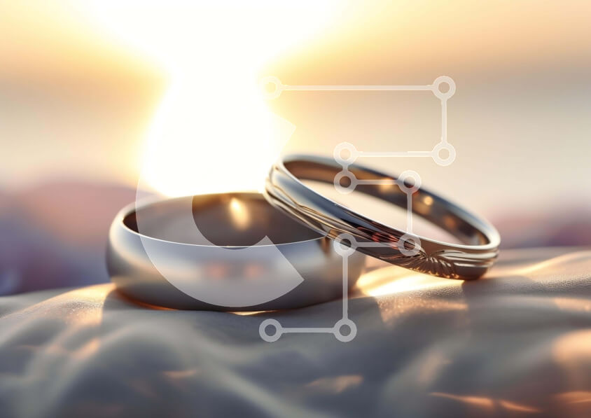 Intra Συλλεκτικό Ξύλινο Παζλ Plywood  4mm - Ασημένιες βέρες σε λευκό ύφασμα με φως του ήλιου Σε Ξύλινο Κουτί - Διαστάσεις Puzzle: 10x10 cm – 25 κομμάτια