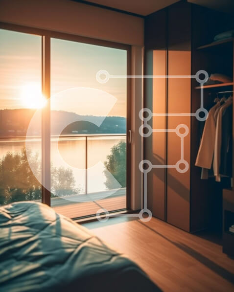 Intra Συλλεκτικό Ξύλινο Παζλ Plywood  4mm - Εκπληκτικό υπνοδωμάτιο με θέα στο νερό στο ηλιοβασίλεμα Σε Ξύλινο Κουτί - Διαστάσεις Puzzle: 10x10 cm – 25 κομμάτια