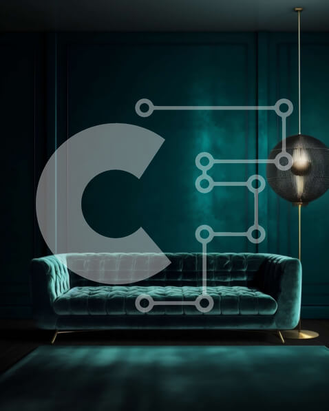 Intra Συλλεκτικό Ξύλινο Παζλ Plywood  4mm - Σκούρο μπλε βελούδινο καναπές σε δωμάτιο με χαμηλό φωτισμό με γαλαζοπράσινους τοίχους και πολυέλαιο Σε Ξύλινο Κουτί - Διαστάσεις Puzzle: 10x10 cm – 25 κομμάτια