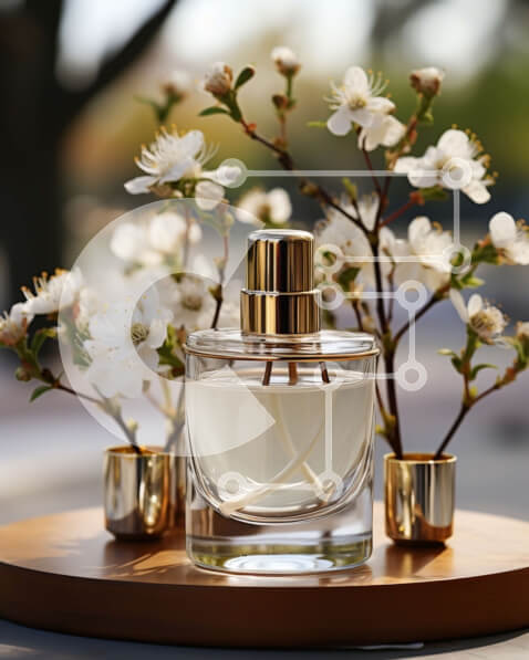 Intra Συλλεκτικό Ξύλινο Παζλ Plywood  4mm - Κομψό μπουκάλι αρώματος με ετικέτα με άνθη κερασιάς σε ξύλινο δίσκο Σε Ξύλινο Κουτί - Διαστάσεις Puzzle: 10x10 cm – 25 κομμάτια