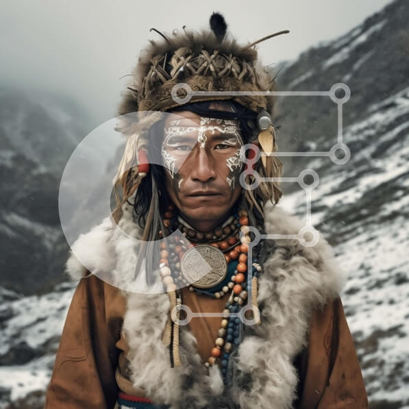 Intra Συλλεκτικό Ξύλινο Παζλ Plywood  4mm - Εκπληκτικό πορτρέτο ενός άνδρα με παραδοσιακή ενδυμασία με φόντο το χιονισμένο βουνό Σε Ξύλινο Κουτί - Διαστάσεις Puzzle: 10x10 cm – 25 κομμάτια