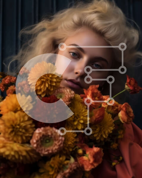 Intra Συλλεκτικό Ξύλινο Παζλ Plywood  4mm - Σοβαρή ξανθιά γυναίκα με κόκκινο φόρεμα που κρατά ένα μπουκέτο λουλούδια Σε Ξύλινο Κουτί - Διαστάσεις Puzzle: 10x10 cm – 25 κομμάτια