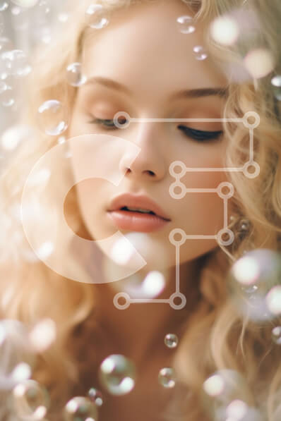 Intra Συλλεκτικό Ξύλινο Παζλ Plywood  4mm - Πανέμορφη γυναίκα με μακριά σγουρά μαλλιά και μπλε μάτια που περιβάλλεται από φυσαλίδες Σε Ξύλινο Κουτί - Διαστάσεις Puzzle: 10x10 cm – 25 κομμάτια