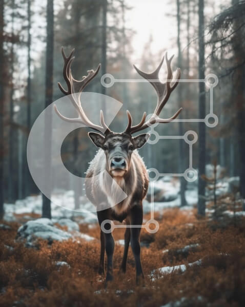 Σετ των 2 Intra Συλλεκτικό Ξύλινο Παζλ Plywood  4mm - Ειρηνική και γαλήνια εικόνα του αρσενικού τάρανδου στο χιονισμένο δάσος Σε Ξύλινο Κουτί - Διαστάσεις: 10x10 cm – 25 κομμάτια