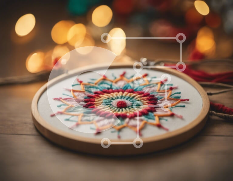 Intra Συλλεκτικό Ξύλινο Παζλ Plywood  4mm - Πολύχρωμο τσέρκι κεντήματος σε ξύλινο τραπέζι με νήμα Σε Ξύλινο Κουτί - Διαστάσεις Puzzle: 10x10 cm – 25 κομμάτια