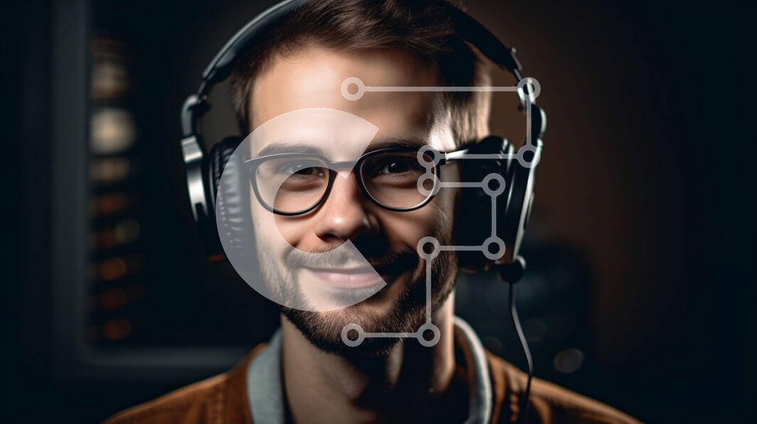 Intra Συλλεκτικό Ξύλινο Παζλ Plywood  4mm - Πορτρέτο ενός χαμογελαστού άνδρα που φορά ακουστικά και δερμάτινο μπουφάν Σε Ξύλινο Κουτί - Διαστάσεις Puzzle: 10x10 cm – 25 κομμάτια