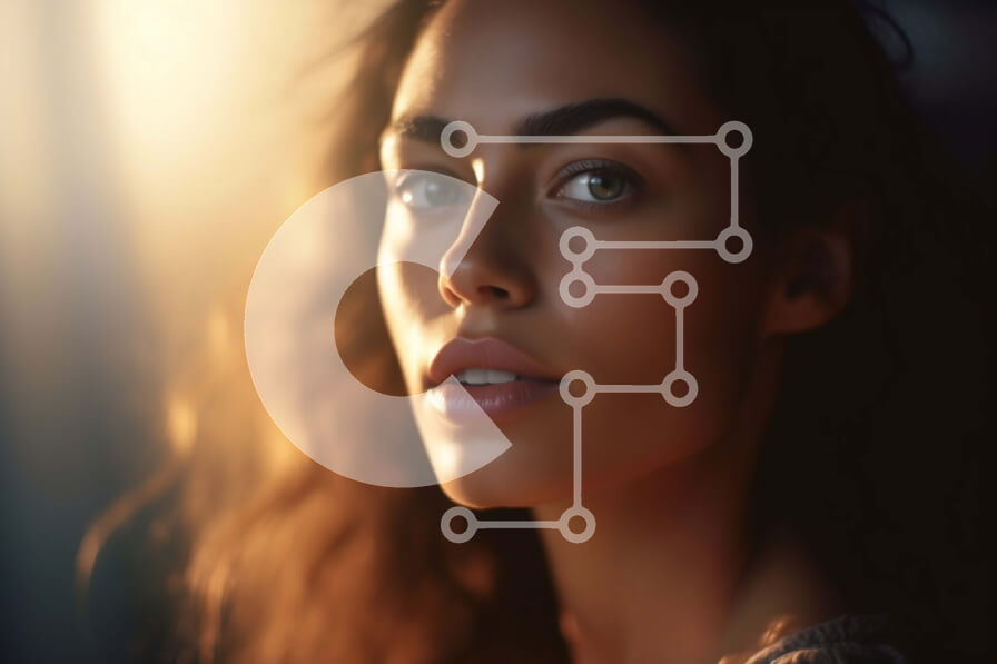 Intra Συλλεκτικό Ξύλινο Παζλ Plywood  4mm - Σοβαρή νεαρή γυναίκα με λαμπερό δέρμα και σγουρά καστανά μαλλιά σε άσπρο τοπ Σε Ξύλινο Κουτί - Διαστάσεις Puzzle: 10x10 cm – 25 κομμάτια