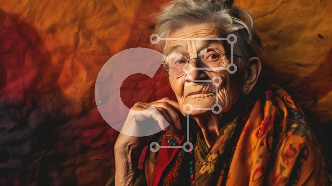 Intra Συλλεκτικό Ξύλινο Παζλ Plywood  4mm - Πολύχρωμη τοιχογραφία με ηλικιωμένη γυναίκα με γυαλιά και κασκόλ Σε Ξύλινο Κουτί - Διαστάσεις Puzzle: 10x10 cm – 25 κομμάτια