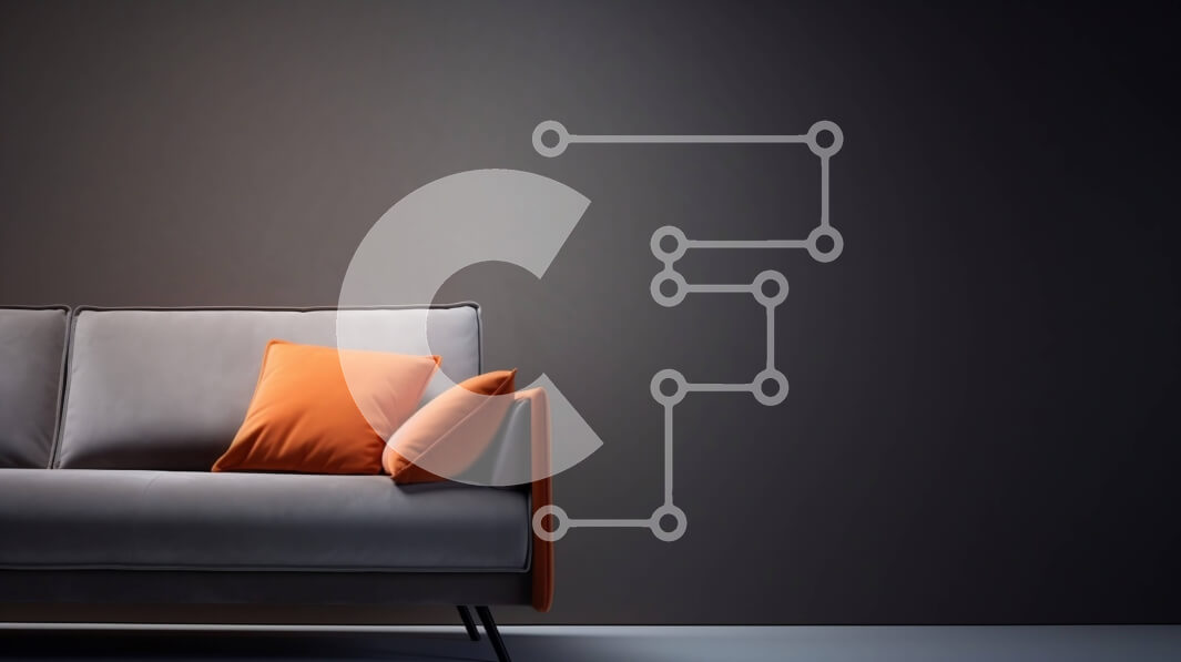 Intra Συλλεκτικό Ξύλινο Παζλ Plywood  4mm - Γκρι καναπές με πορτοκαλί μαξιλάρια σε μινιμαλιστικό δωμάτιο Σε Ξύλινο Κουτί - Διαστάσεις Puzzle: 10x10 cm – 25 κομμάτια