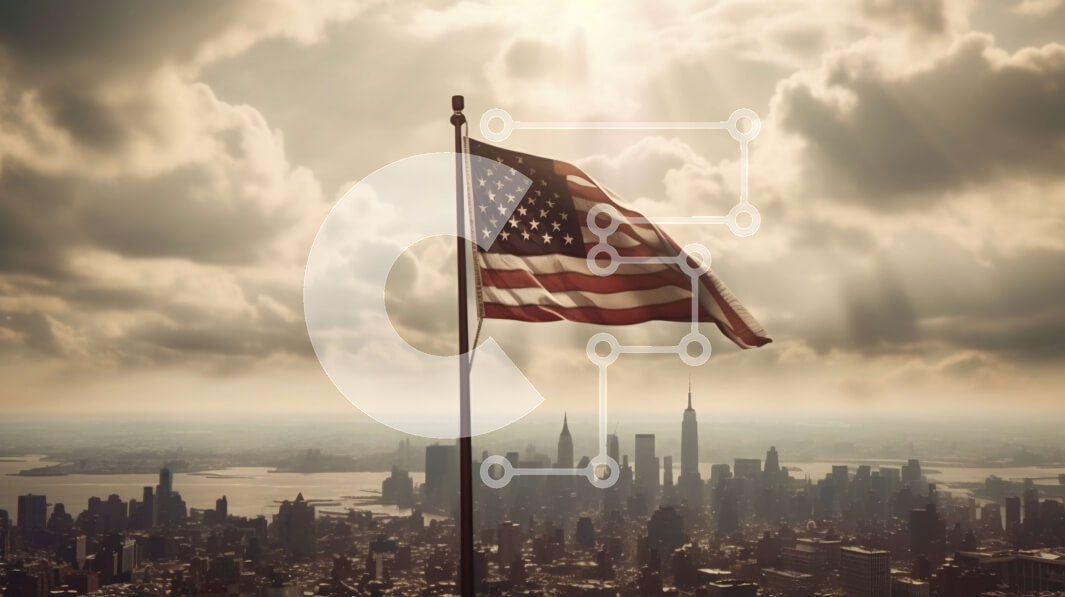 Intra Συλλεκτικό Ξύλινο Παζλ Plywood  4mm - Αμερικανική σημαία με θέα το αστικό τοπίο στον άνεμο Σε Ξύλινο Κουτί - Διαστάσεις Puzzle: 10x10 cm – 25 κομμάτια