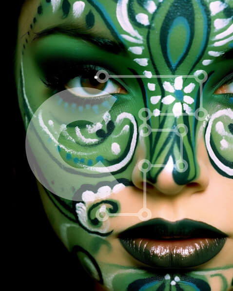 Intra Συλλεκτικό Ξύλινο Παζλ Plywood  4mm - Εκπληκτική φωτογραφία γυναίκας με βαμμένο πράσινο πρόσωπο και περίπλοκη τέχνη του δέρματος Σε Ξύλινο Κουτί - Διαστάσεις Puzzle: 10x10 cm – 25 κομμάτια