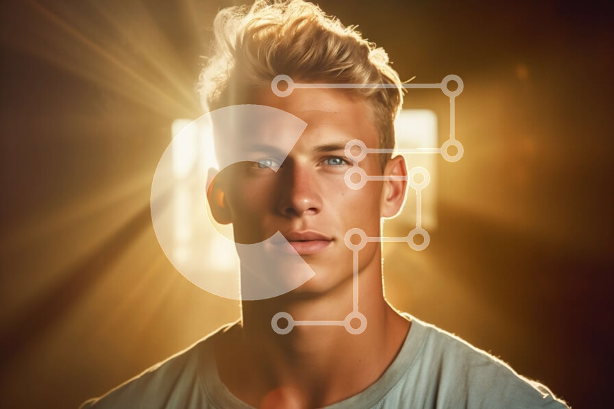 Intra Συλλεκτικό Ξύλινο Παζλ Plywood  4mm - Σοβαρό πορτρέτο ενός νεαρού άνδρα μπροστά από ένα έντονο φως Σε Ξύλινο Κουτί - Διαστάσεις Puzzle: 10x10 cm – 25 κομμάτια