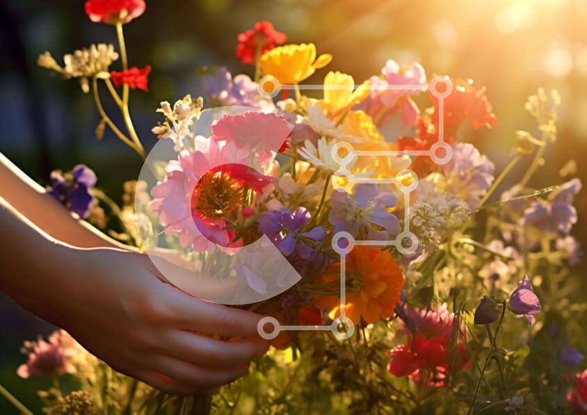 Intra Συλλεκτικό Ξύλινο Παζλ Plywood  4mm - Γυναικείο χέρι που κρατά πολύχρωμο μπουκέτο λουλουδιών στο χωράφι Σε Ξύλινο Κουτί - Διαστάσεις: 10x10 cm – 25 κομμάτια