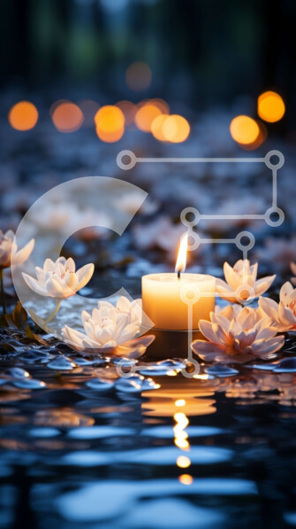 Intra Συλλεκτικό Ξύλινο Παζλ Plywood  4mm - Κοντινό πλάνο ενός αναμμένου κεριού στο νερό με τα γύρω λευκά λουλούδια Σε Ξύλινο Κουτί - Διαστάσεις Puzzle: 10x10 cm – 25 κομμάτια