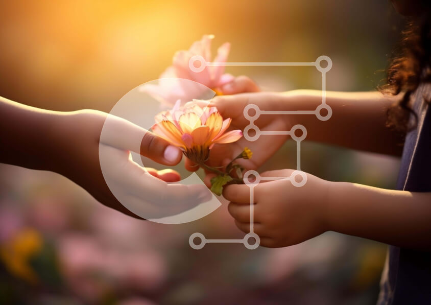 Intra Συλλεκτικό Ξύλινο Παζλ Plywood  4mm - Δύο χέρια που κρατούν ένα ροζ λουλούδι σε μια παιχνιδιάρικη στιγμή Σε Ξύλινο Κουτί - Διαστάσεις Puzzle: 10x10 cm – 25 κομμάτια