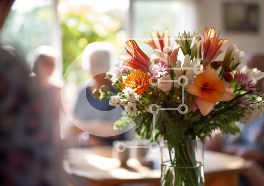 Intra Συλλεκτικό Ξύλινο Παζλ Plywood  4mm - Πολύχρωμο βάζο λουλουδιών σε τραπέζι φαγητού με ανθρώπους Σε Ξύλινο Κουτί - Διαστάσεις Puzzle: 10x10 cm – 25 κομμάτια