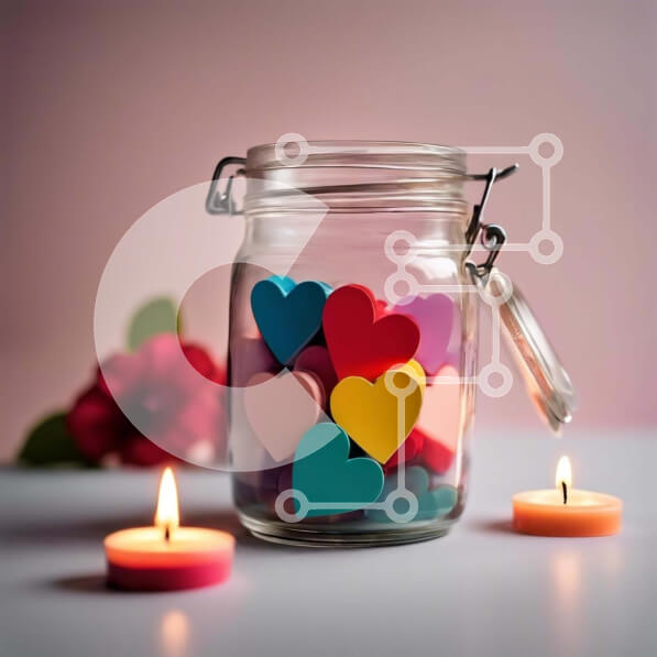 Intra Συλλεκτικό Ξύλινο Παζλ Plywood  4mm - Πολύχρωμα χαρτιά σε σχήμα καρδιάς σε γυάλινο βάζο με κηροπήγια Σε Ξύλινο Κουτί - Διαστάσεις: 10x10 cm – 25 κομμάτια