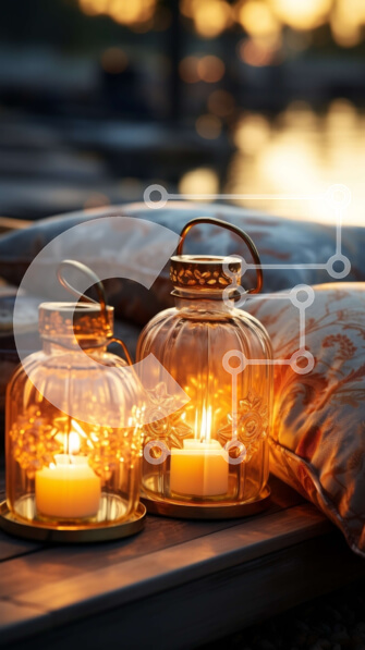 Intra Συλλεκτικό Ξύλινο Παζλ Plywood  4mm - Όμορφη εικόνα με κρεμαστά γυάλινα φανάρια στην ξύλινη αποβάθρα στο ηλιοβασίλεμα Σε Ξύλινο Κουτί - Διαστάσεις Puzzle: 10x10 cm – 25 κομμάτια