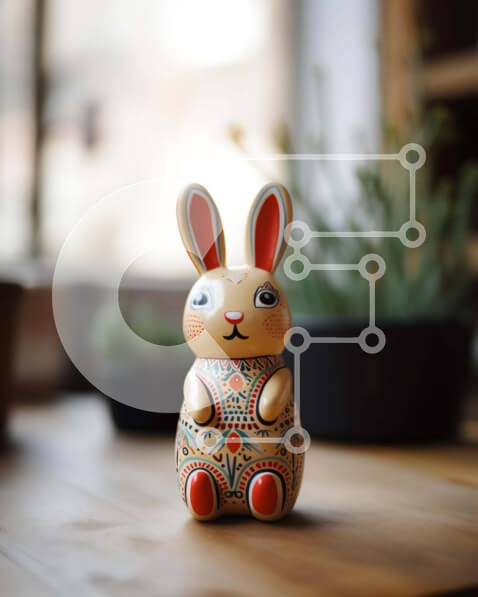 Intra Συλλεκτικό Ξύλινο Παζλ Plywood  4mm - Πολύχρωμο κεραμικό ειδώλιο λαγουδάκι σε ξύλινο τραπέζι Σε Ξύλινο Κουτί - Διαστάσεις Puzzle: 10x10 cm – 25 κομμάτια