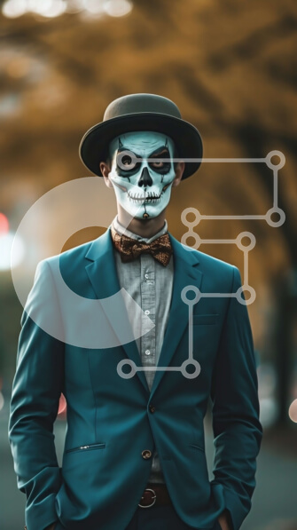 Intra Συλλεκτικό Ξύλινο Παζλ Plywood  4mm - Άνδρας με μπλε κοστούμι και λευκή μάσκα κρανίου που κρατά το καπέλο στην City Street Σε Ξύλινο Κουτί - Διαστάσεις Puzzle: 10x10 cm – 25 κομμάτια