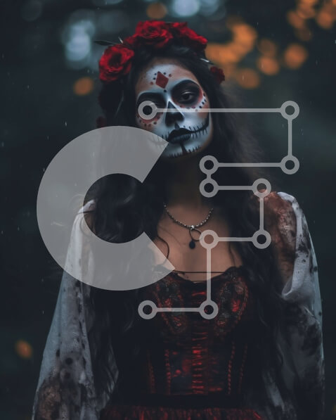 Intra Συλλεκτικό Ξύλινο Παζλ Plywood  4mm - Dark and Mysterious Beauty: Woman in Red Skull Dress in Dark Forest Σε Ξύλινο Κουτί - Διαστάσεις Puzzle: 10x10 cm – 25 κομμάτια