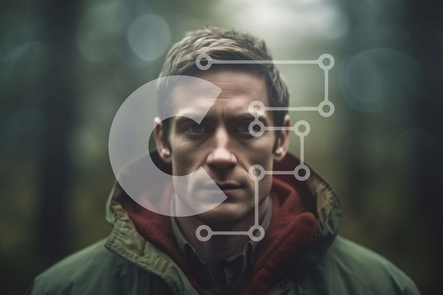 Intra Συλλεκτικό Ξύλινο Παζλ Plywood  4mm - Μυστηριώδες πορτρέτο του ανθρώπου στο δάσος με πράσινο σακάκι και κόκκινο κουκούλα Σε Ξύλινο Κουτί - Διαστάσεις Puzzle: 10x10 cm – 25 κομμάτια