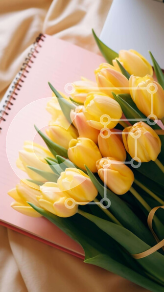 Σετ των 2 Intra Συλλεκτικό Ξύλινο Παζλ Plywood  4mm - Μπουκέτο με κίτρινες τουλίπες σε ανοιχτό σημειωματάριο με φορητό υπολογιστή Σε Ξύλινο Κουτί - Διαστάσεις: 10x10 cm – 25 κομμάτια