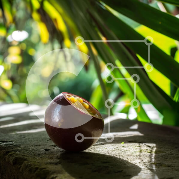 Intra Συλλεκτικό Ξύλινο Παζλ Plywood  4mm - Φρούτα του πάθους σε πέτρινο τοίχο με φοίνικες Σε Ξύλινο Κουτί - Διαστάσεις: 10x10 cm – 25 κομμάτια