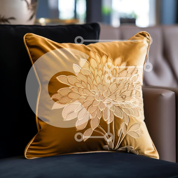 Intra Συλλεκτικό Ξύλινο Παζλ Plywood  4mm - Μαξιλάρι σε χρυσό χρώμα σε μαύρο καναπέ στο σαλόνι Σε Ξύλινο Κουτί - Διαστάσεις Puzzle: 10x10 cm – 25 κομμάτια